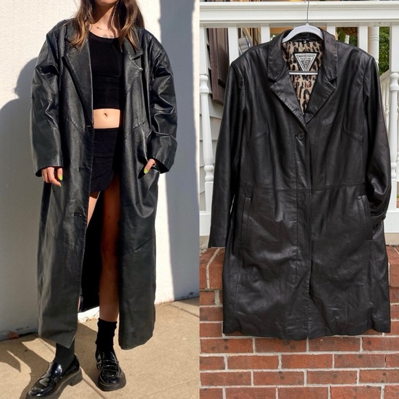 Vintage 90s Y2K J. Percy Marvin Richards Black Leather Trench Jacket Size 1X XL - Picture 1 of 11
